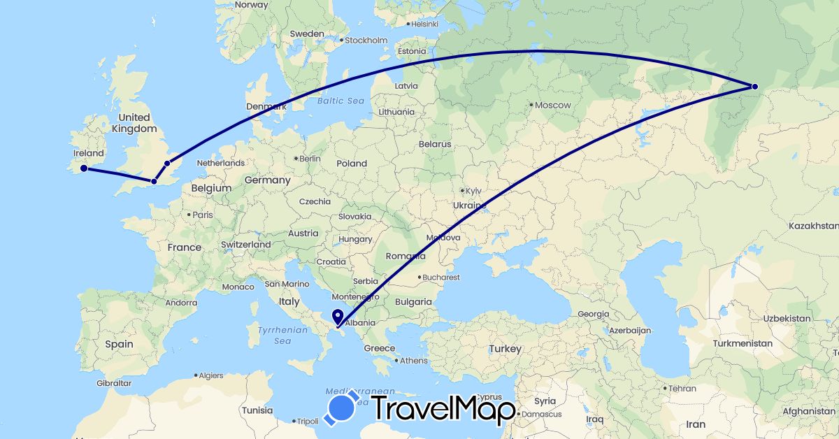 TravelMap itinerary: driving in United Kingdom, Ireland, Italy, Russia (Europe)